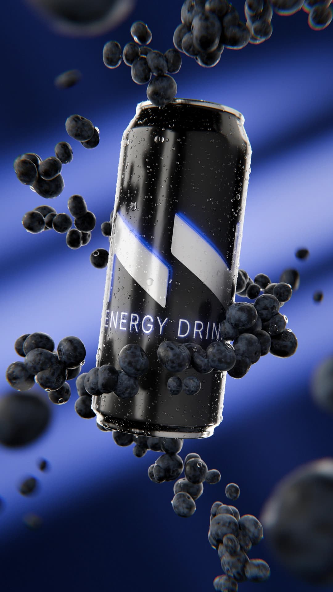 Energy drink can with berries in mid-air