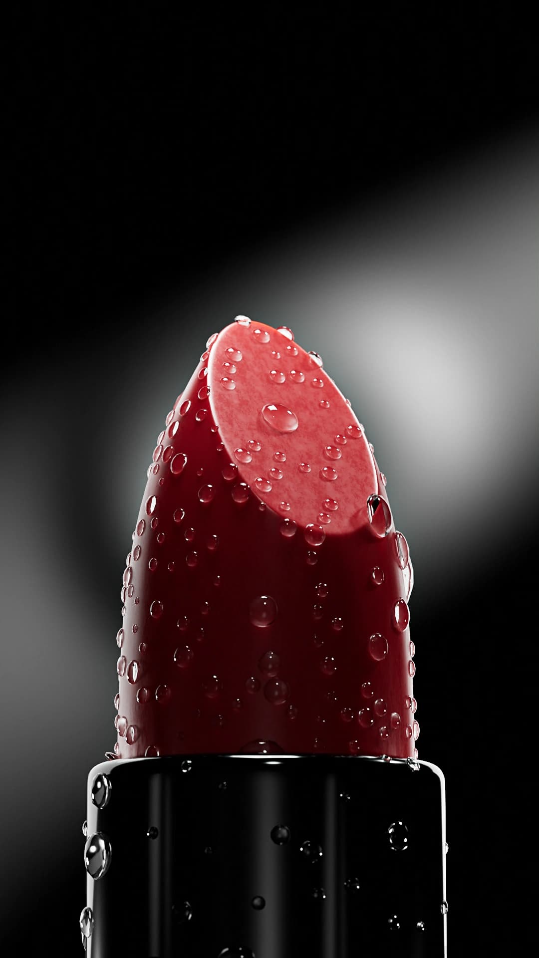 Deep red lipstick, angled bevel, water beads