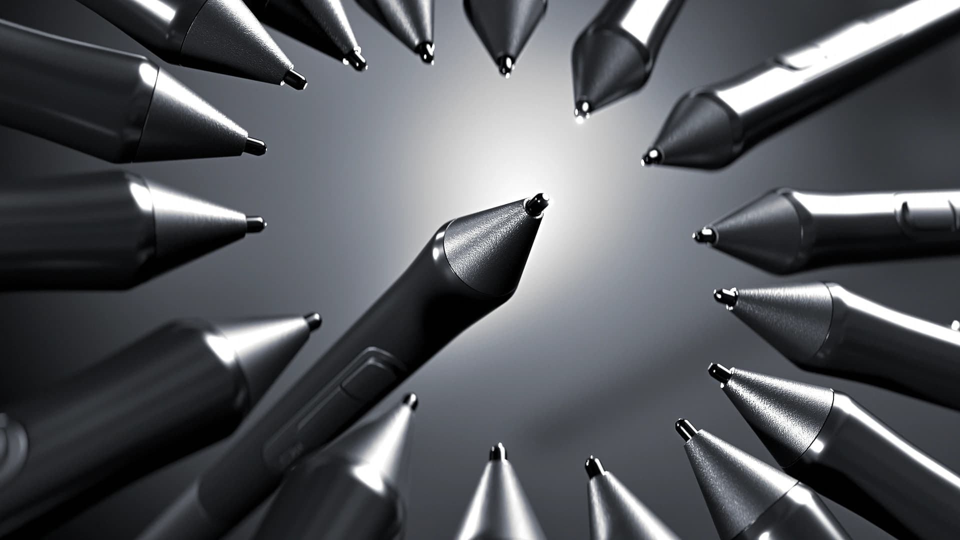 Ring of pens converging, one central stylus in hero light