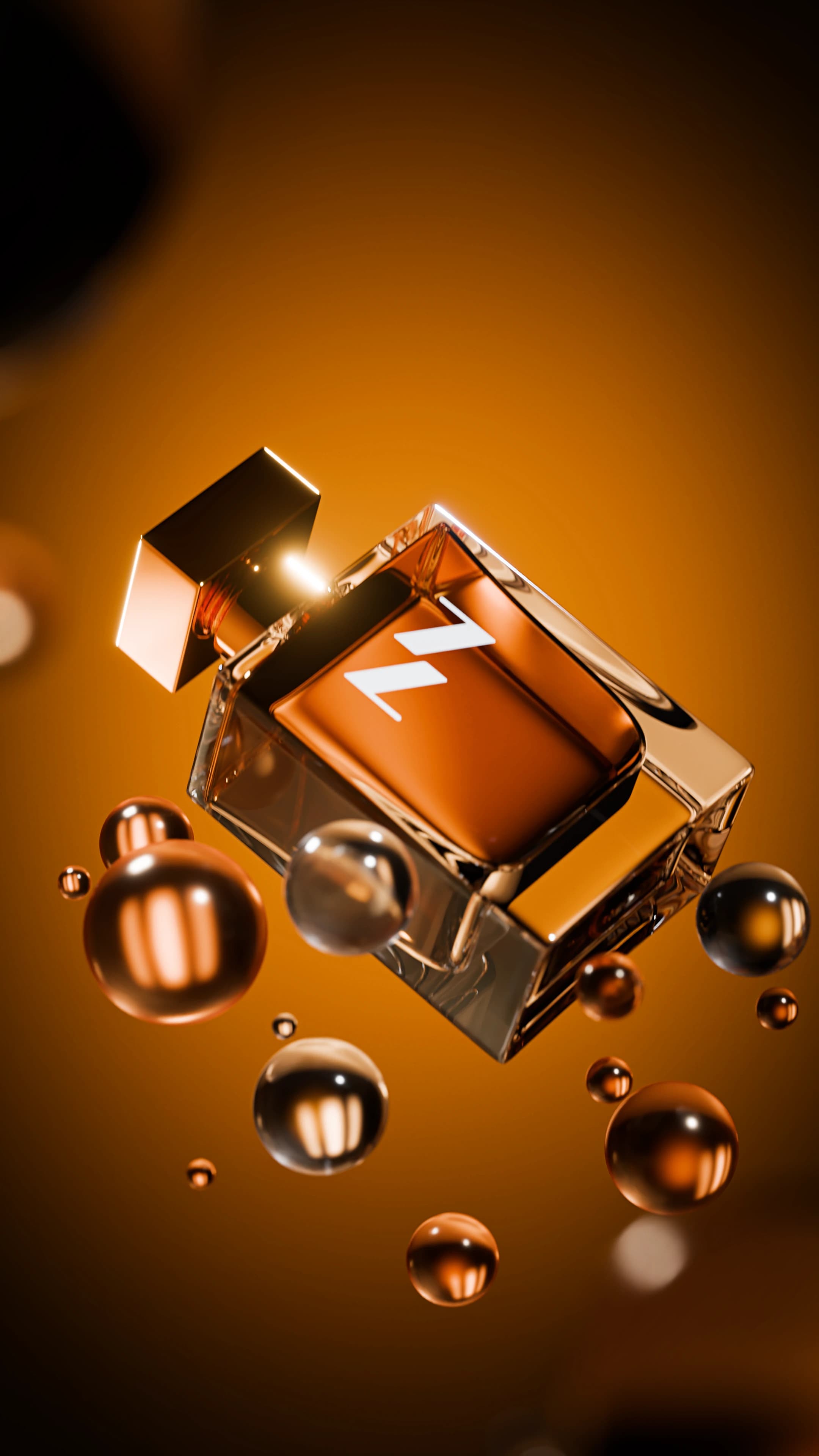 Amber perfume bottle suspended in amber liquid beads
