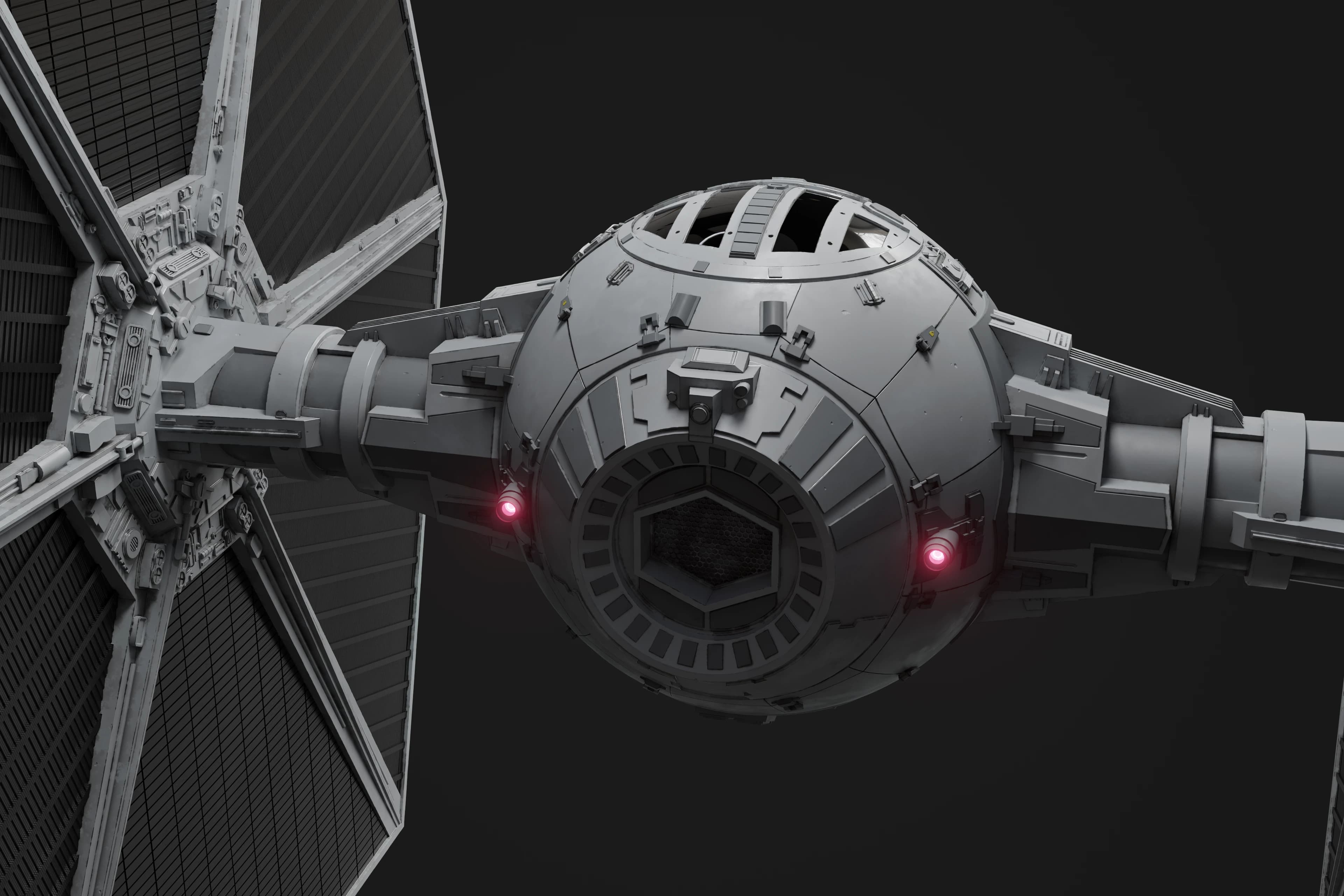 TIE-fighter — three-quarter rear, high angle