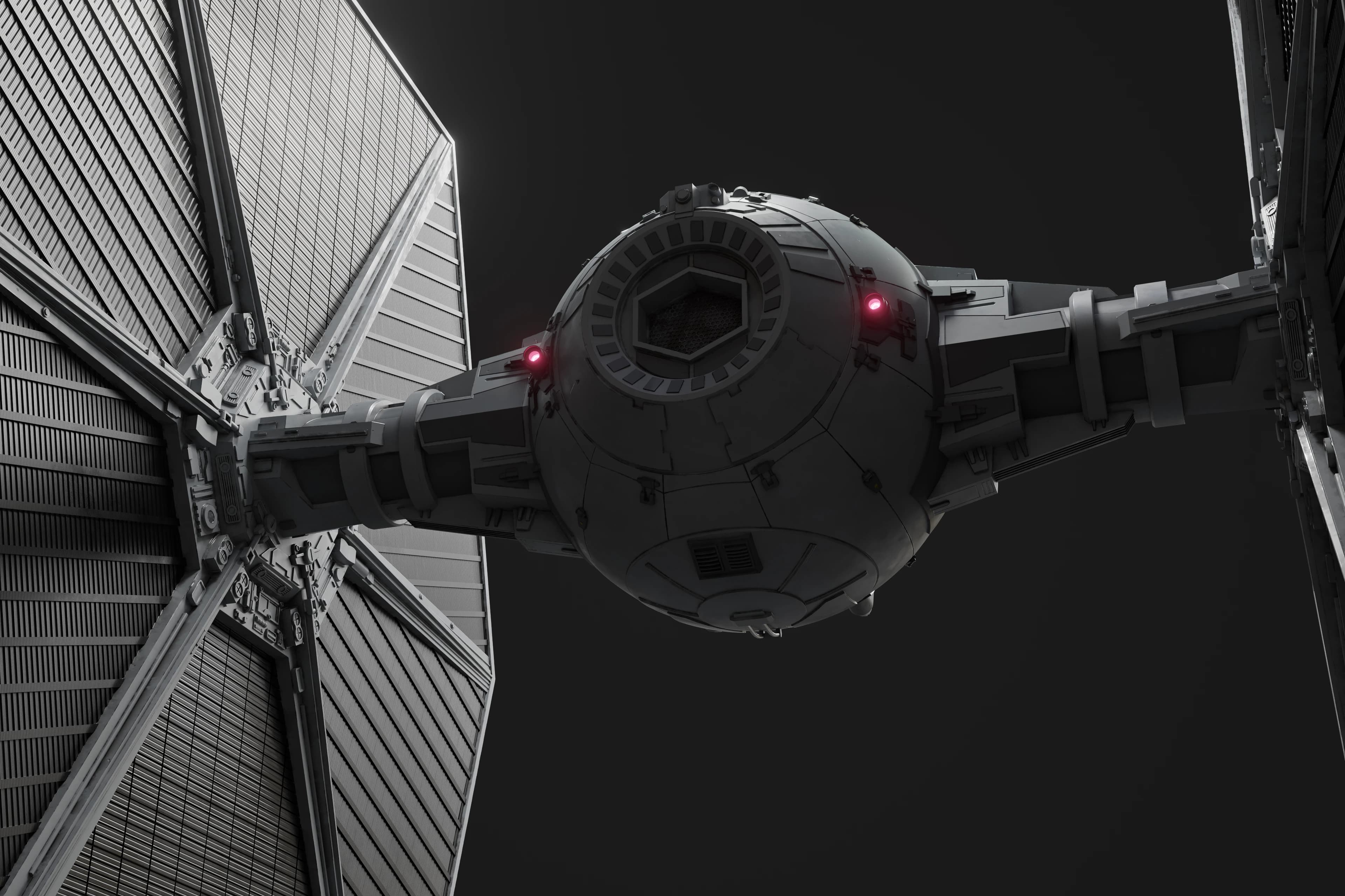 Recent look-dev — Imperial TIE-fighter, rear three-quarter, running lights lit