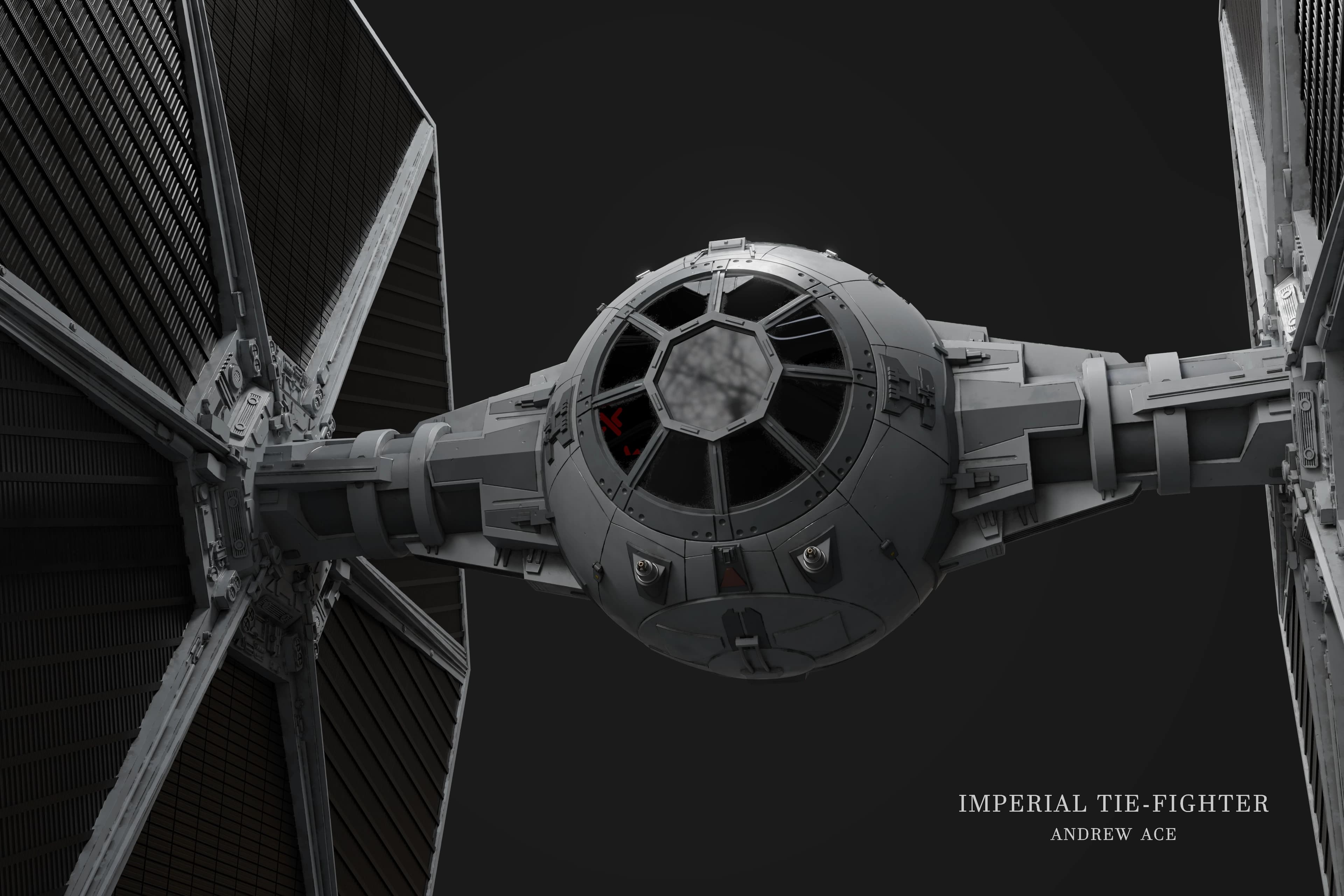 Imperial TIE-fighter, frontal hero render, shallow key light on the cockpit
